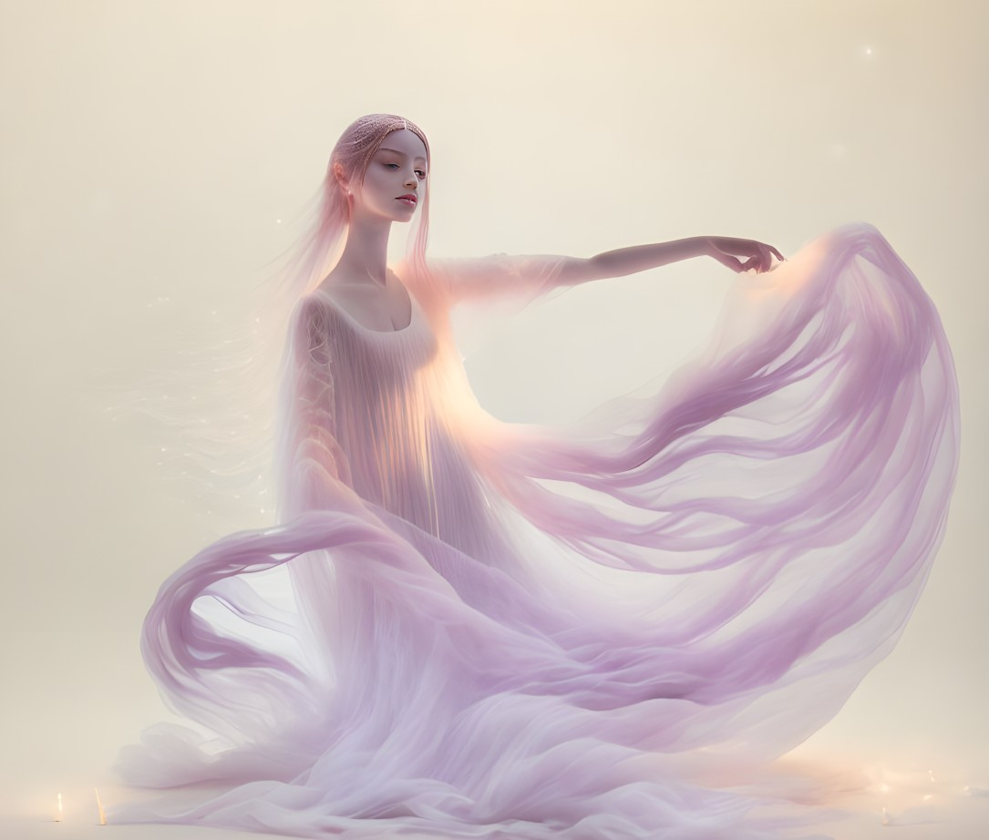 Ethereal figure draped in translucent pink fabric against light backdrop