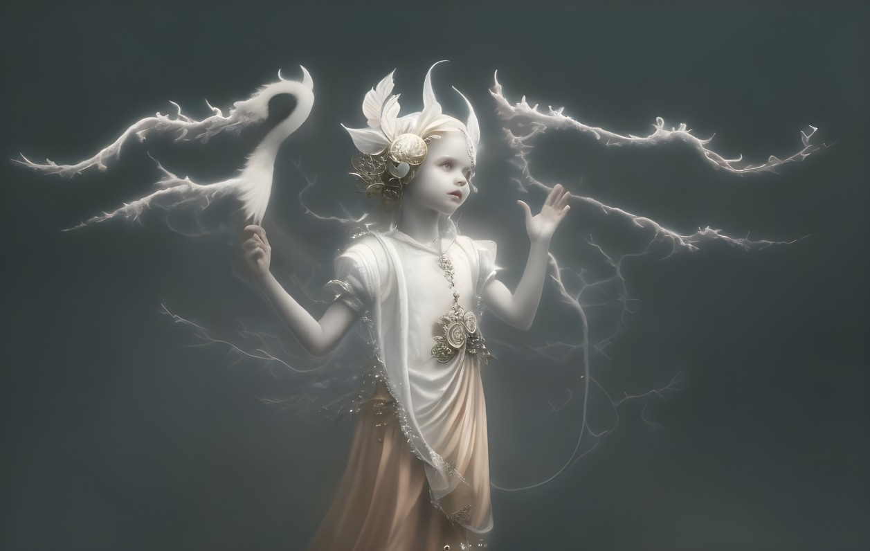 Pale-skinned figure in golden headpiece and gown with outstretched hand amidst swirling white tendrils