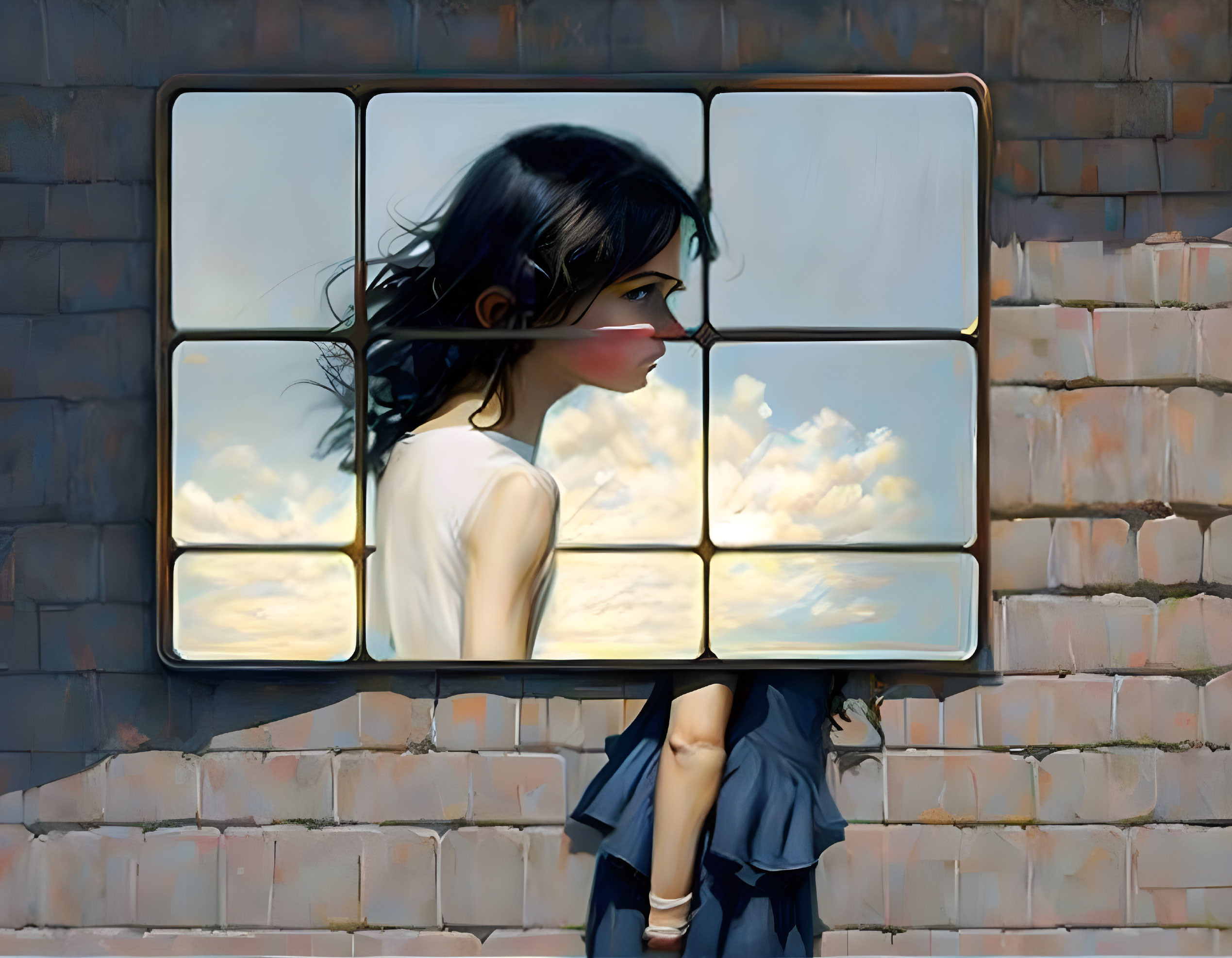 Portrait of a Girl in Profile by Window and Brick Wall