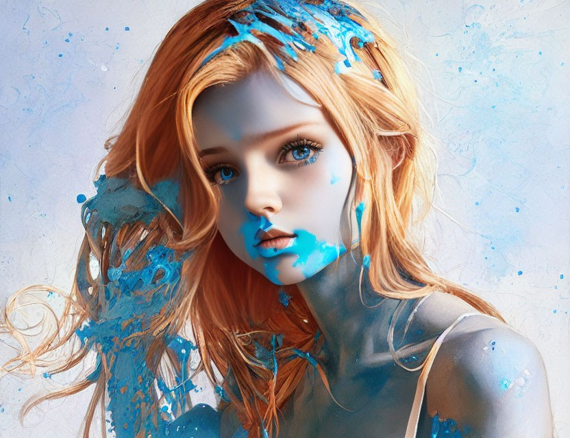 Vibrant red-haired woman with blue eyes splattered in bright blue paint