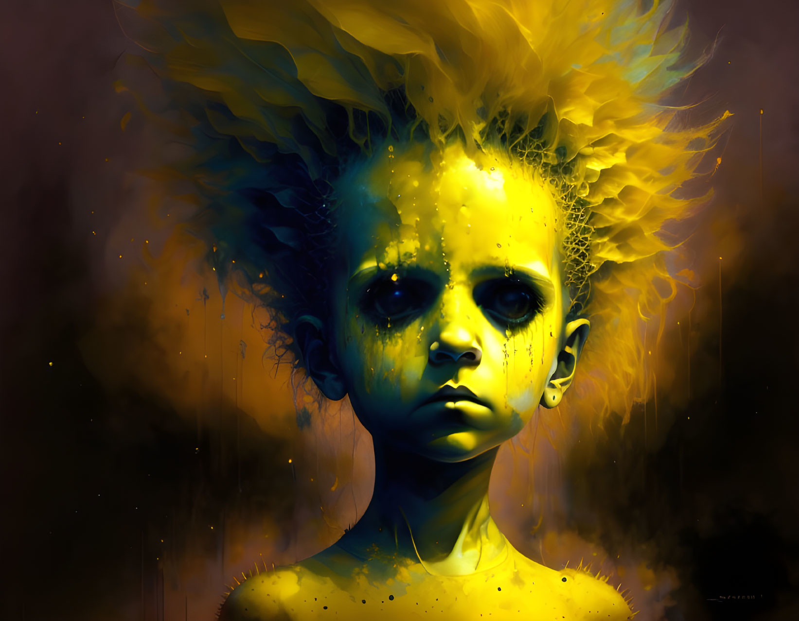 Child with Vibrant Yellow Eyes and Hair in Dark, Mystical Setting