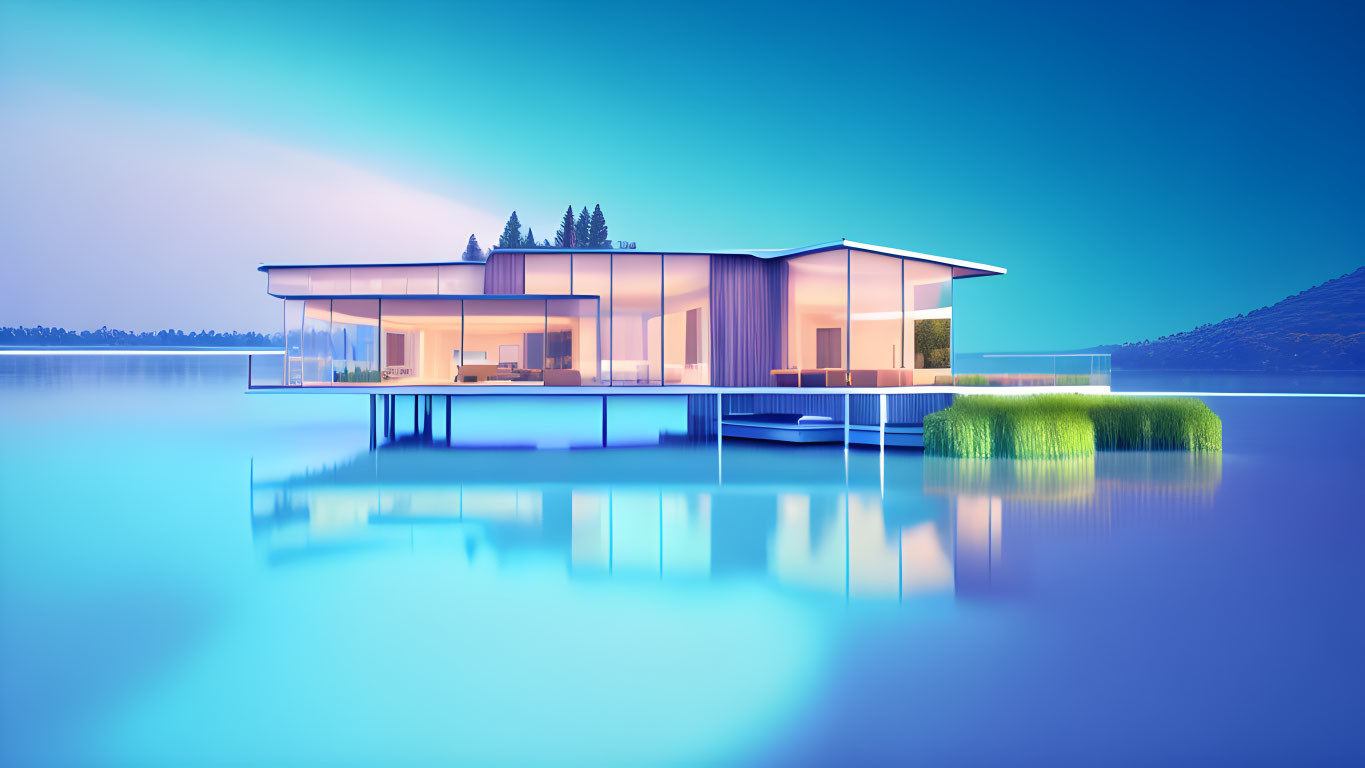 Modern Glass House on Stilts Over Calm Water at Sunset or Sunrise