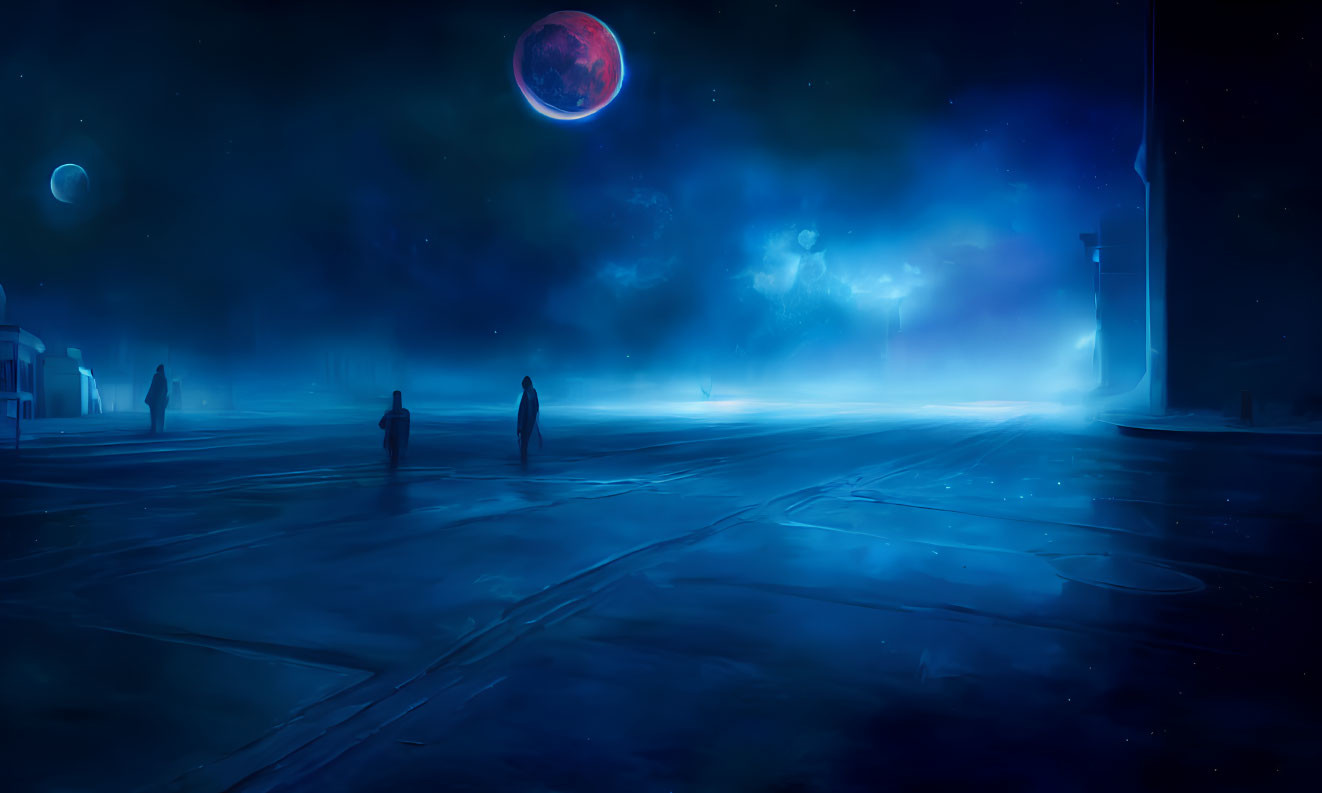 Surreal night scene with silhouetted figures in blue environment