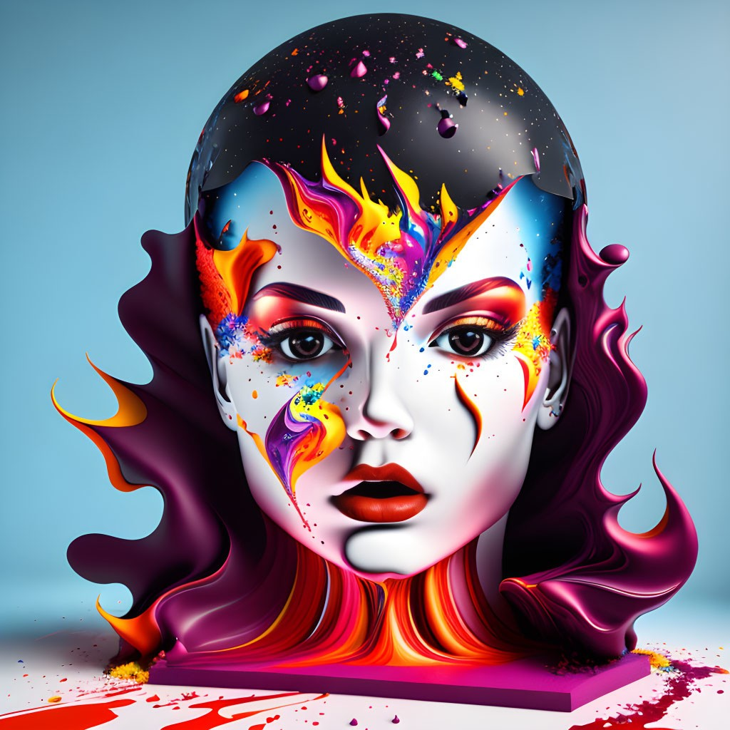 Colorful 3D female figure with fire and liquid elements on blue background