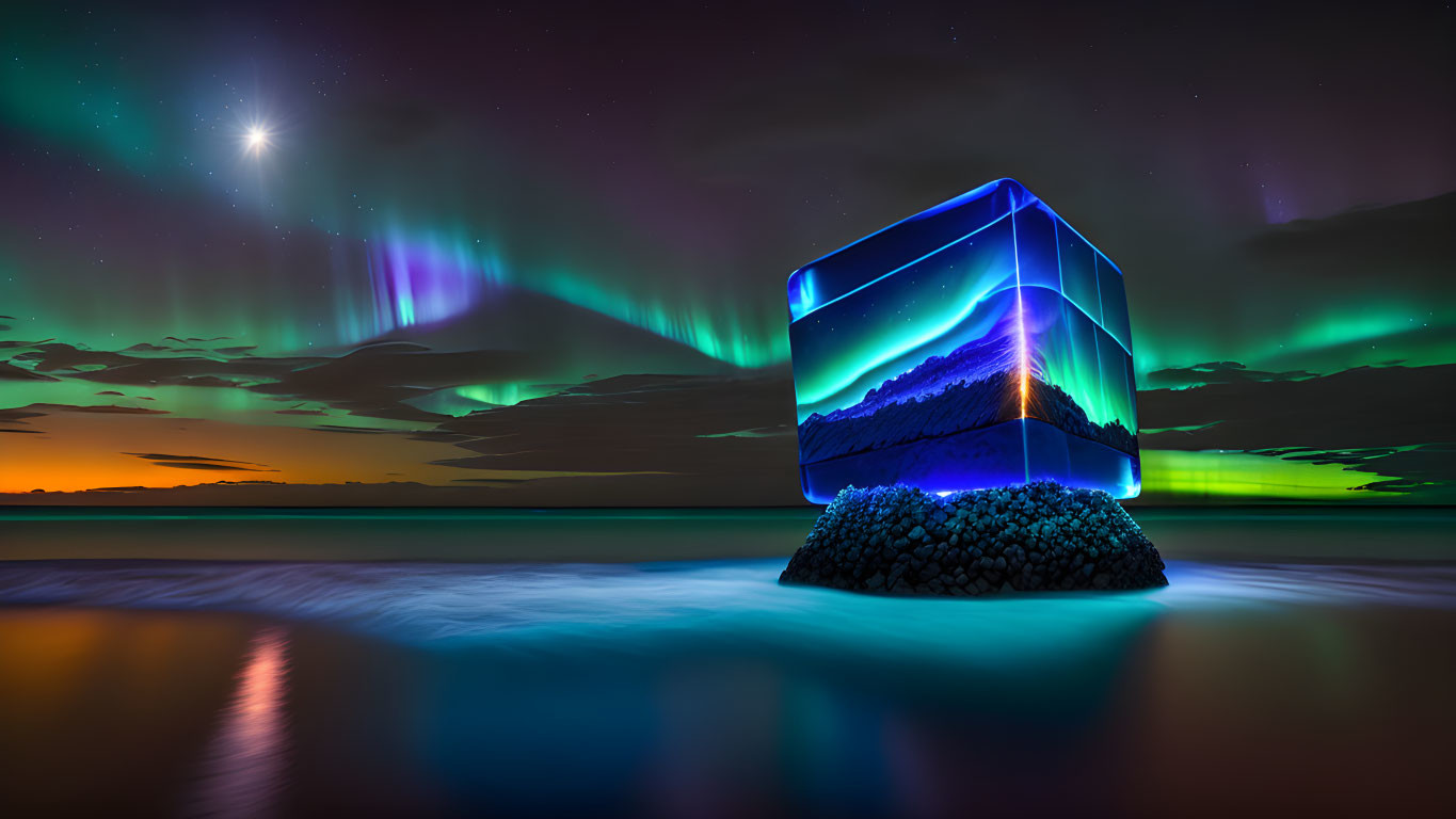 Transparent Cube on Rocky Beach with Aurora Borealis Reflection