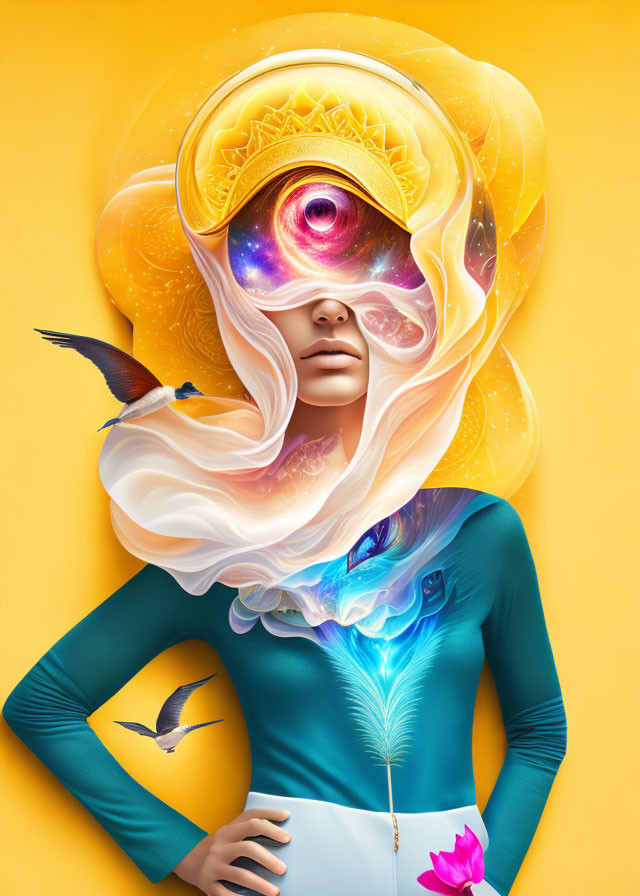 Surreal portrait of woman with cosmic elements and birds on vibrant yellow background