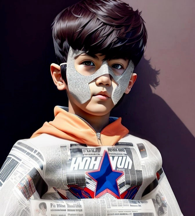 Young boy in futuristic outfit with newspaper print and star emblem on dark background