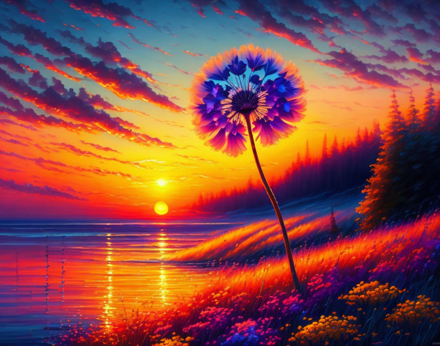 Vibrant digital artwork: Dandelion in dramatic sunset with purple and orange hues.