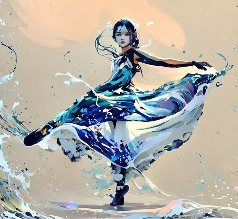 Stylized illustration of woman merging with watercolor splashes