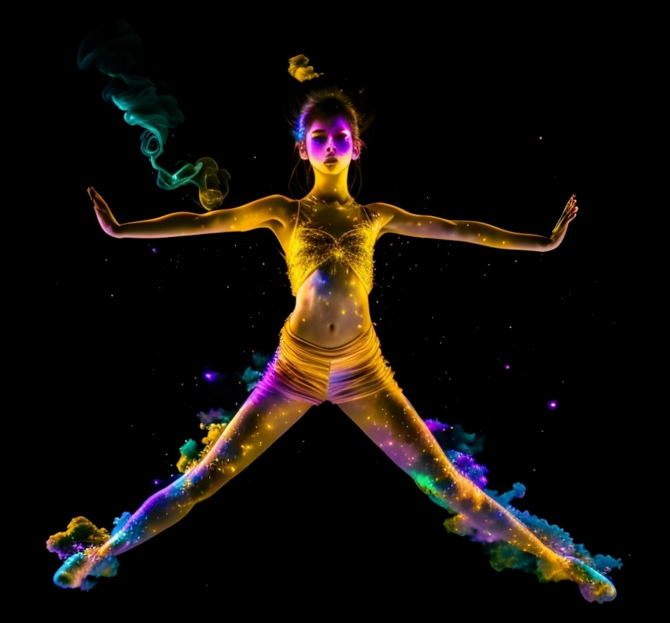 Colorful Glowing Figure in Dynamic Pose on Dark Starry Background