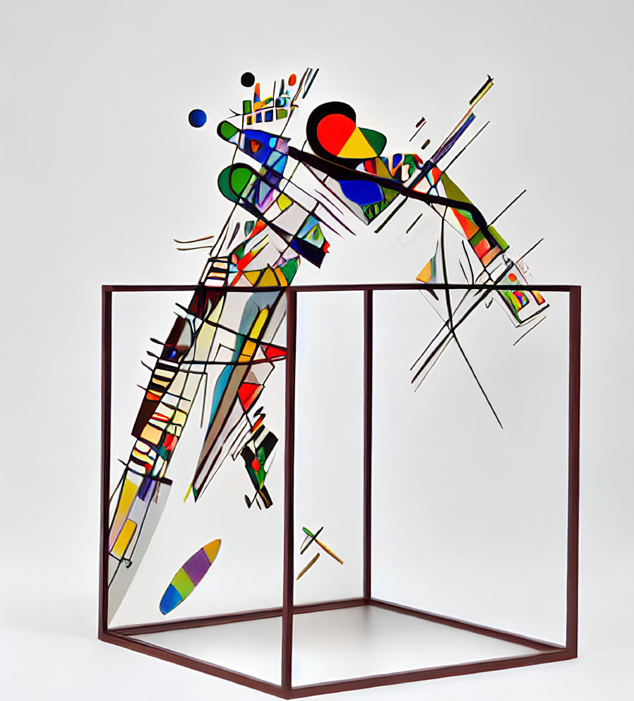 Colorful Geometric Sculpture in Cubic Metal Frame