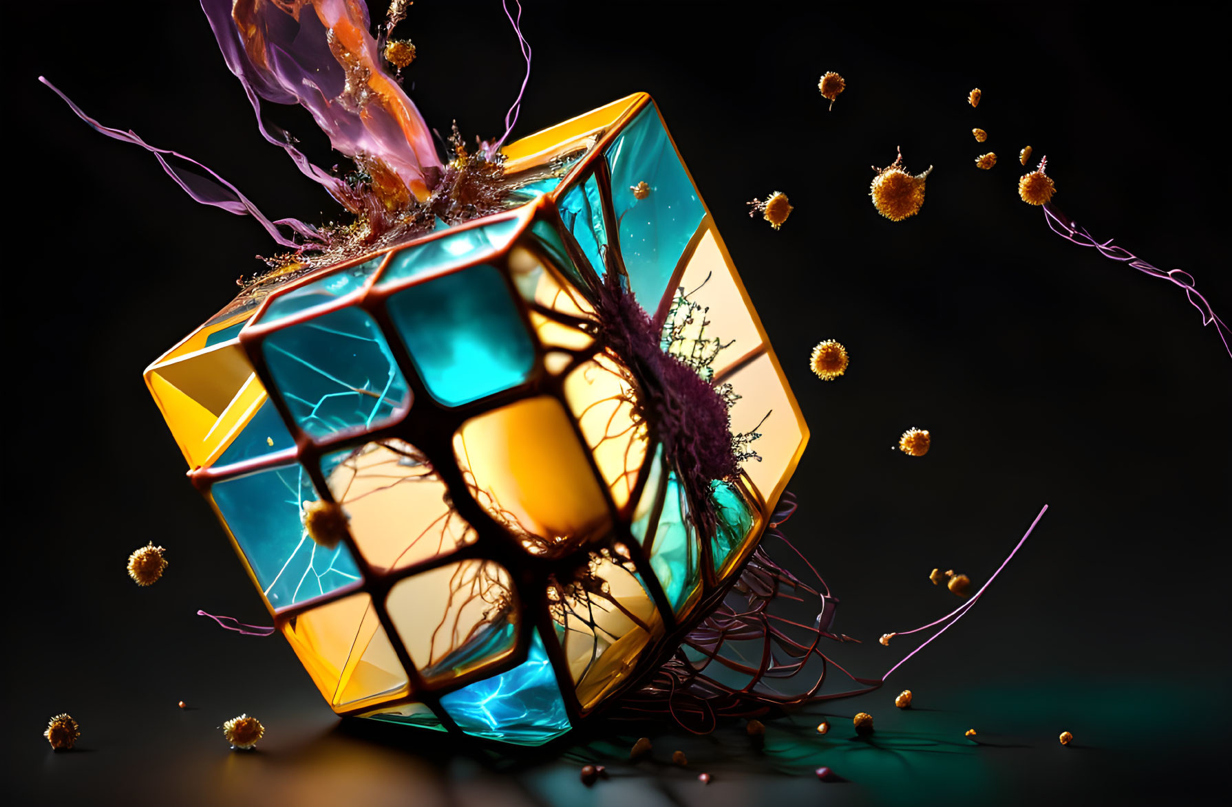 Colorful 3D cube art with disintegrating structure and golden orbs in purple tendrils