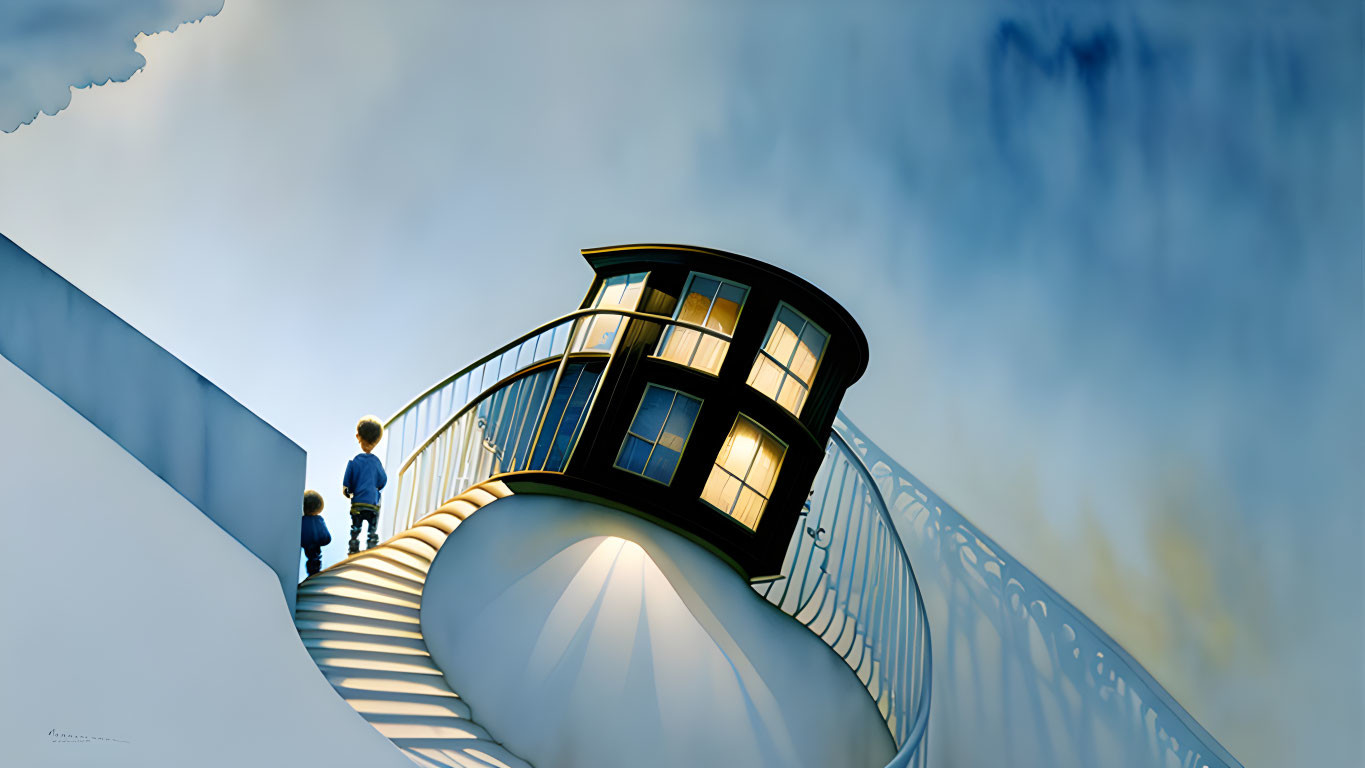 Children climbing whimsical staircase to house-like structure in sky