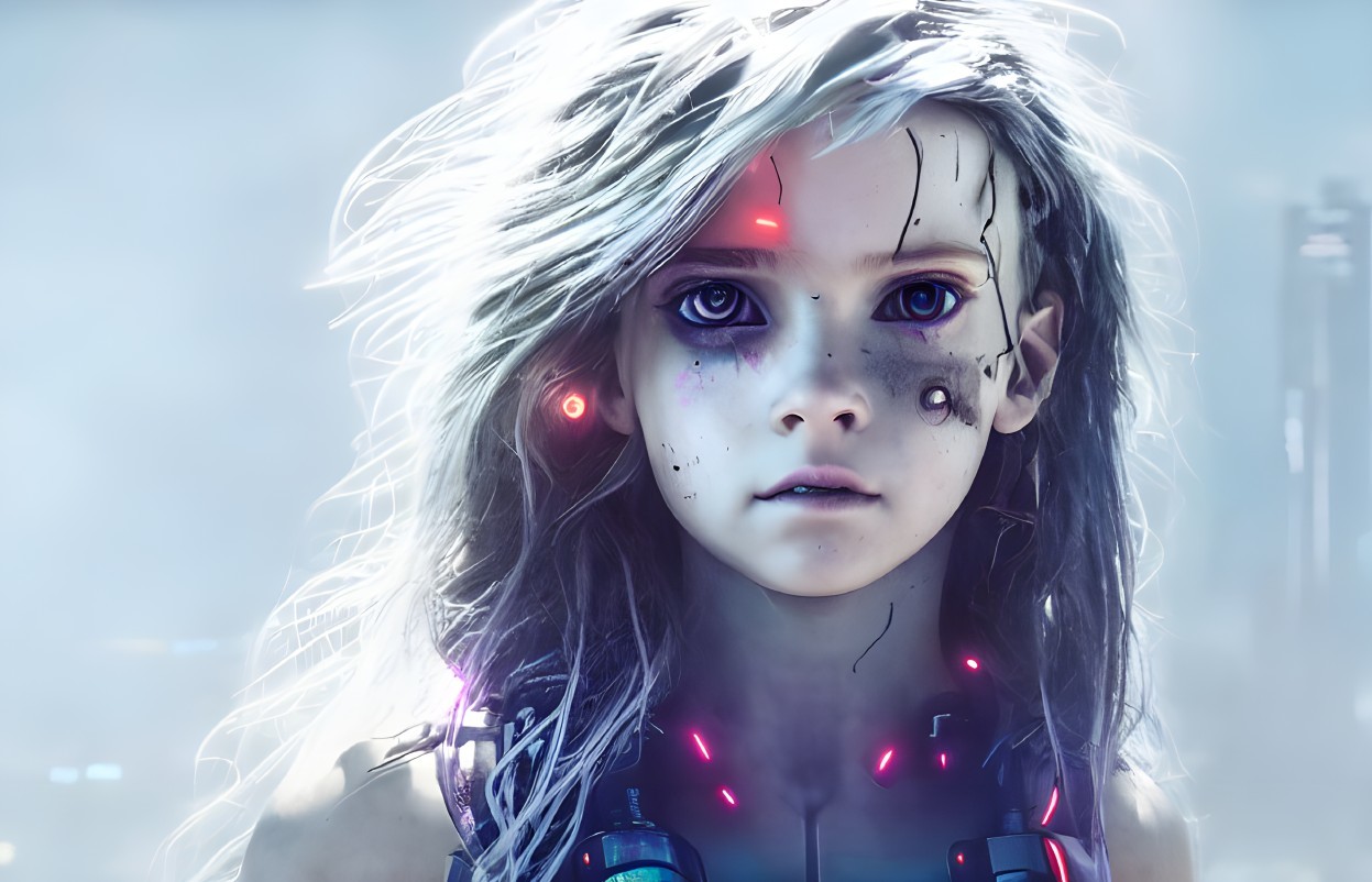 Digital artwork of young girl with blue eyes, white hair, and cybernetic enhancements