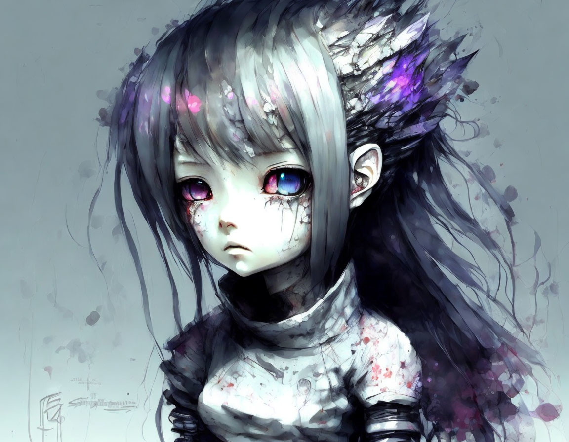 Digital artwork featuring girl with multicolored eyes, dark hair, and ethereal elements