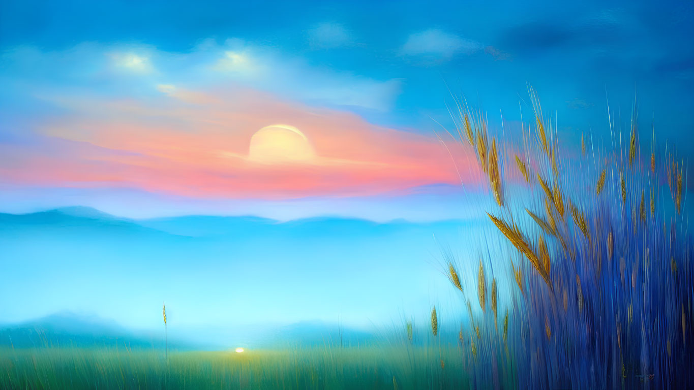 Impressionistic sunset painting with misty hills and tall reeds