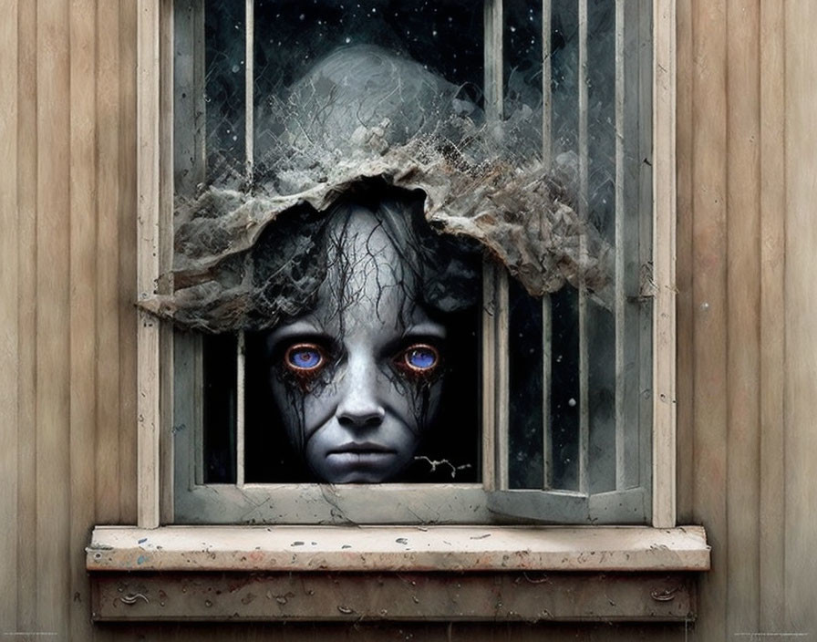 Pale child with red eyes behind cobweb-covered windowpane in wooden frame