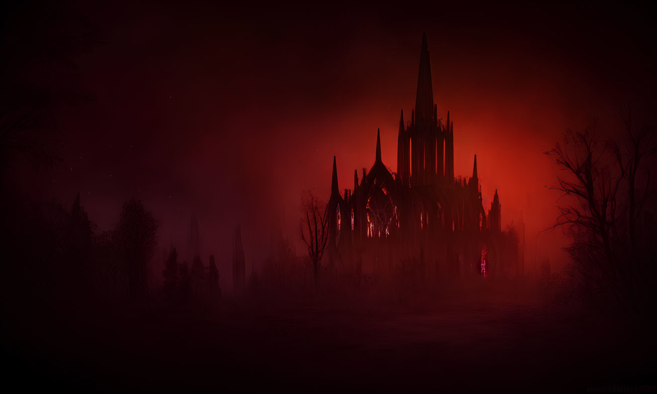 Gothic Cathedral Silhouetted Against Blood-Red Sky