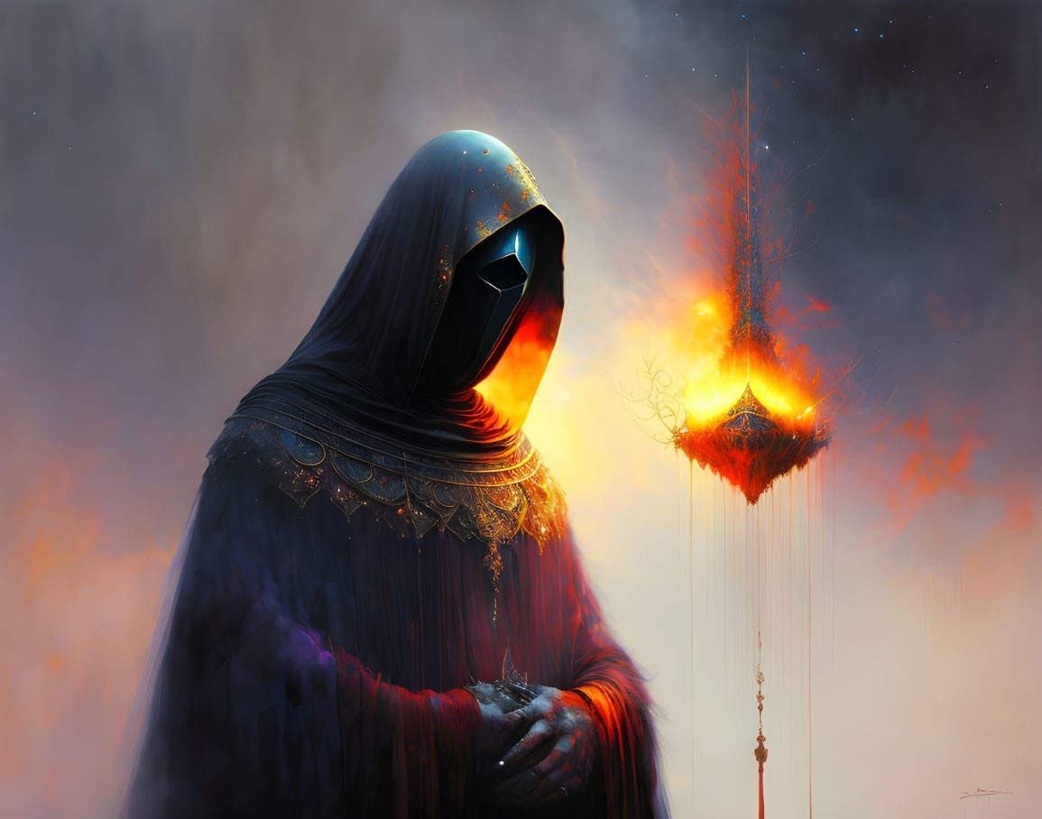 Cloaked figure with glowing mask near fiery floating structure at dusk