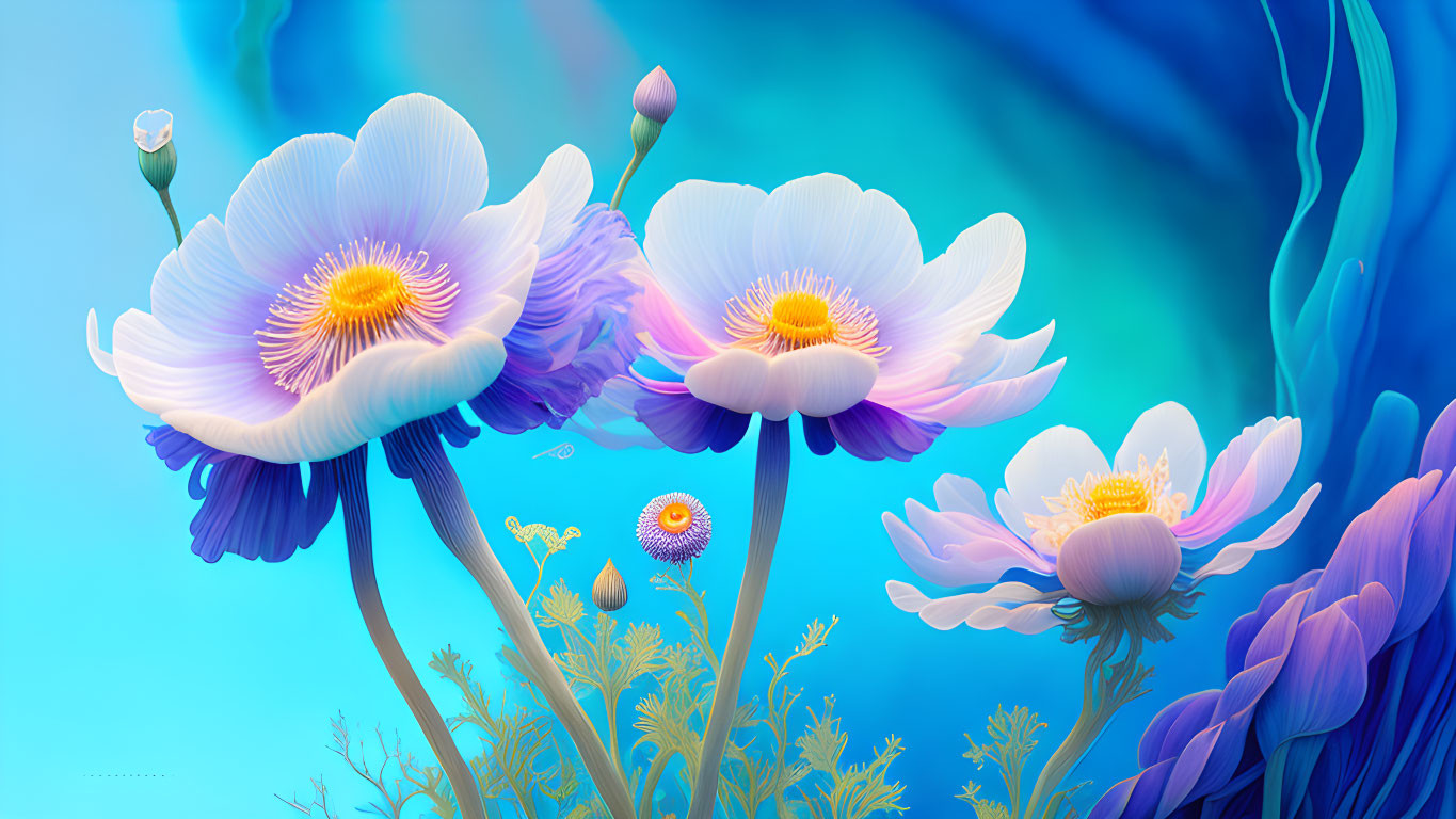 Colorful surreal flowers on dreamy blue backdrop.