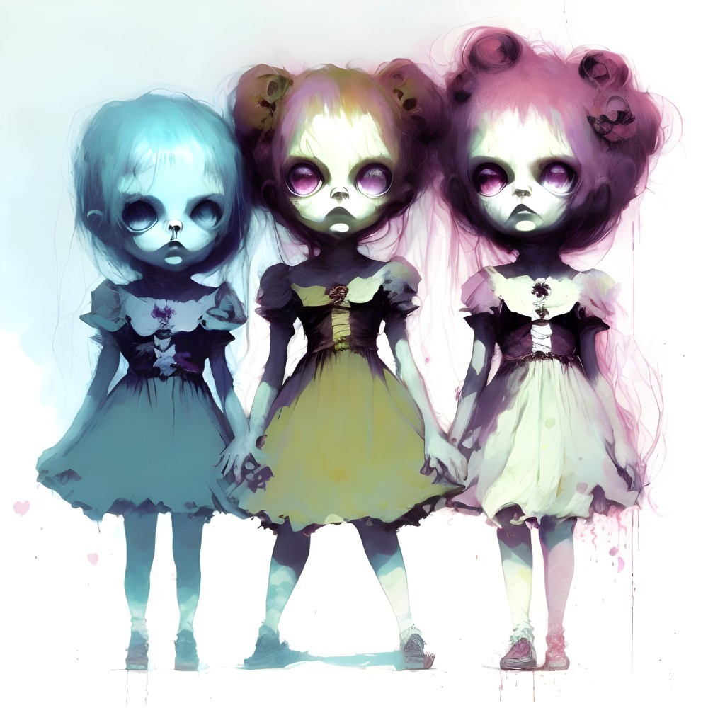 Eerie stylized dolls in frilly dresses against haunting backdrop