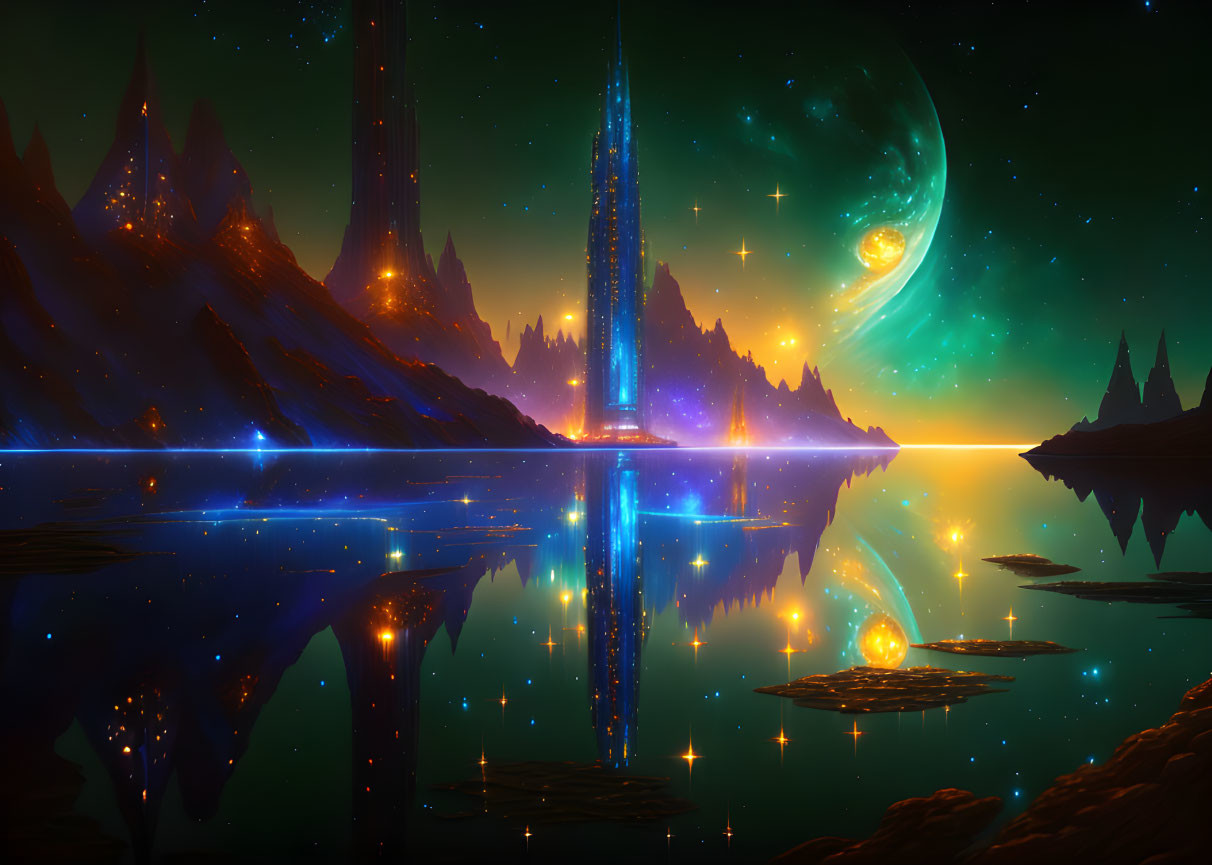 Luminous Sci-Fi Landscape with Reflective Water & Vibrant Planet