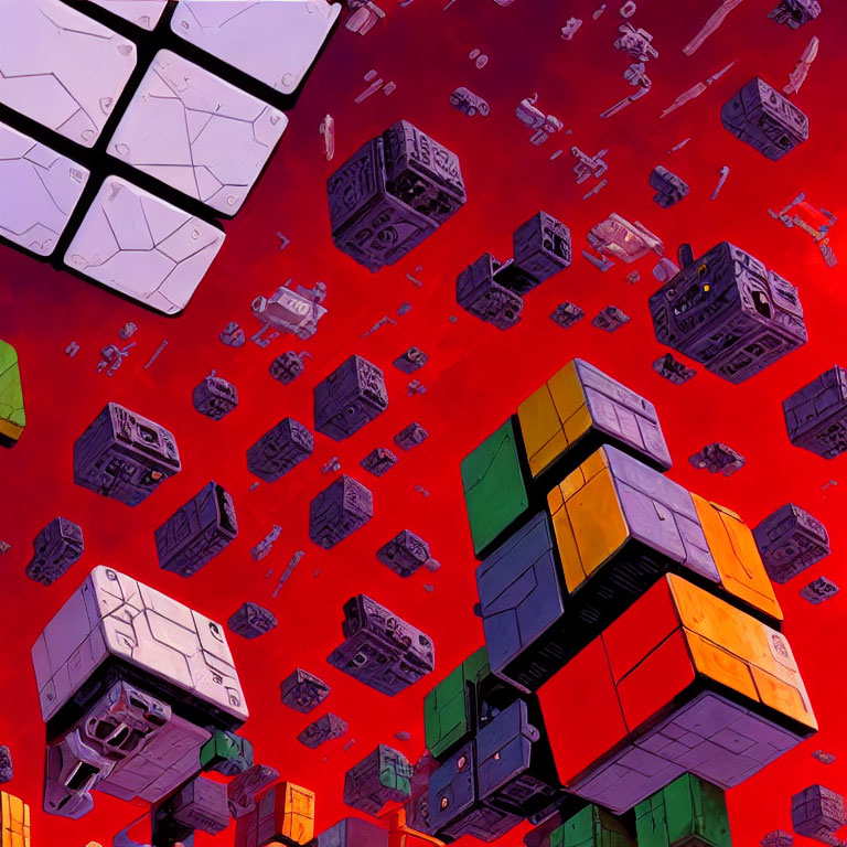 Colorful digital artwork featuring floating Rubik's Cubes and items on red backdrop