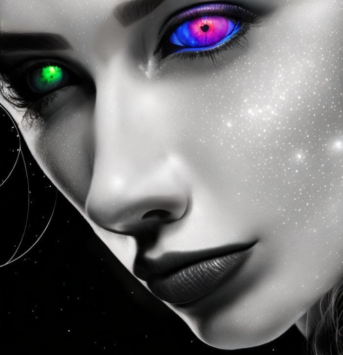 Vivid green and blue eyes on cosmic-themed face portrait