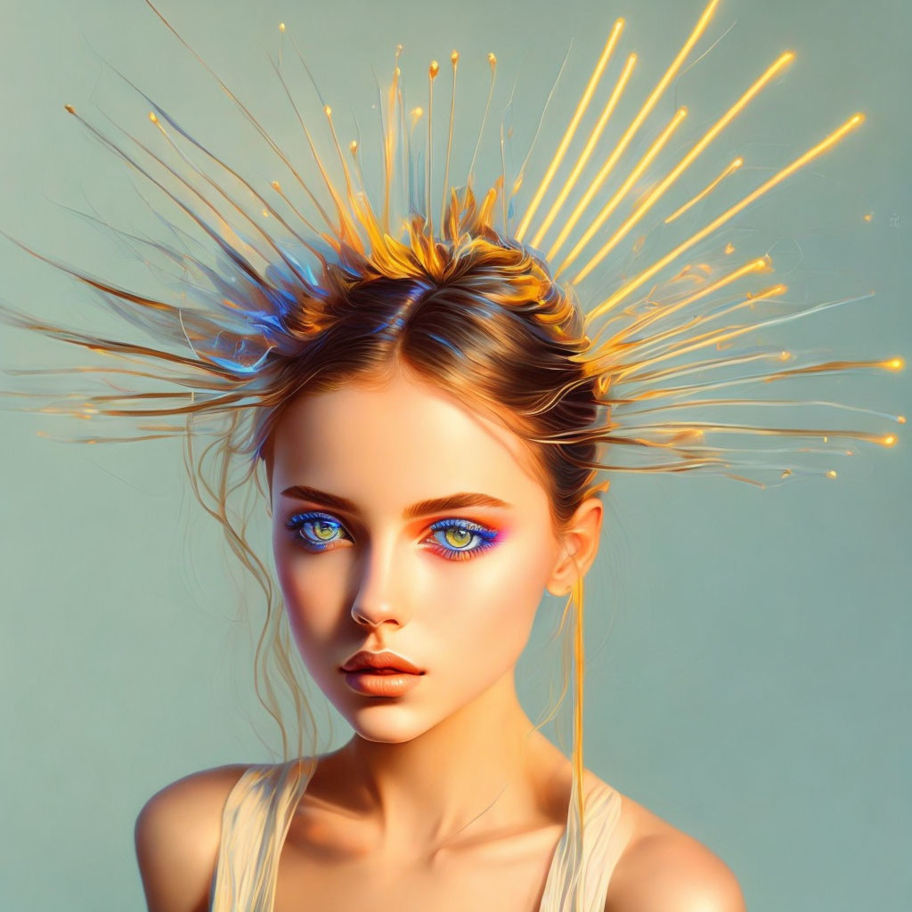 Digital artwork: Woman with blue eyes and golden hair accessories on teal background