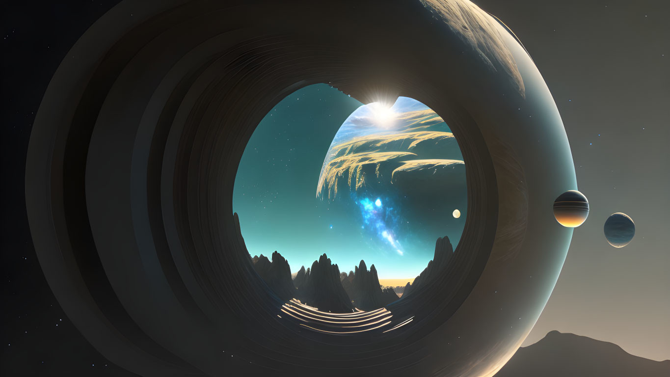 Ringed planet rising over mountainous terrain in sci-fi landscape