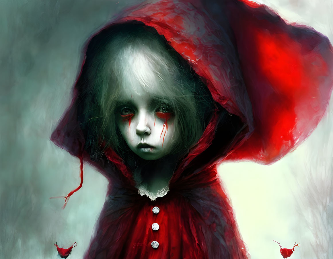 Illustration of pale child in tattered red hood with dark eyes and red tears.