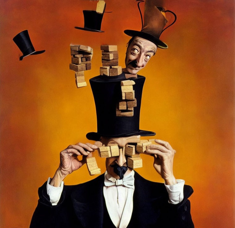 Man with Multiple Top Hats Balancing Wooden Blocks