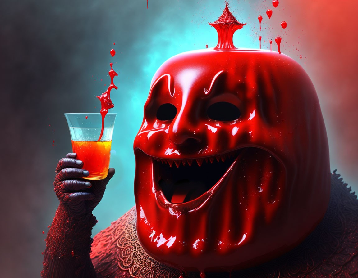 Sinister red demon holding a splashing orange glass on dark background