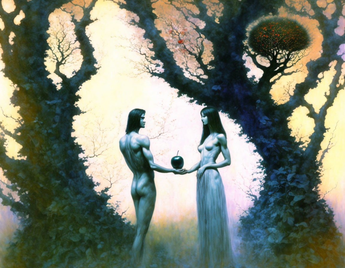 Stylized painting of man and woman in mystical forest