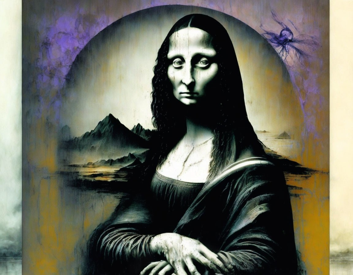 Altered Mona Lisa with purple tint, modern hair, surreal backdrop