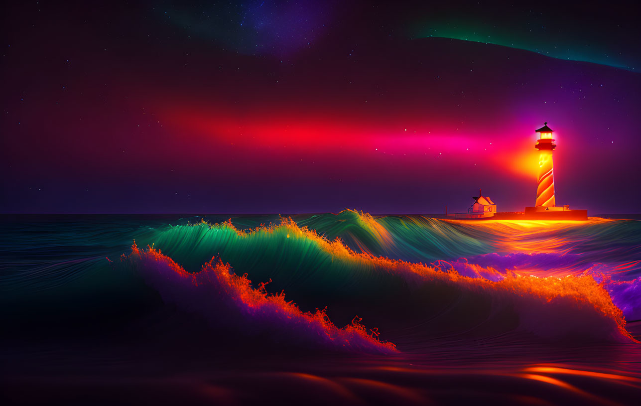 Colorful night scene: lighthouse, luminous waves, aurora sky