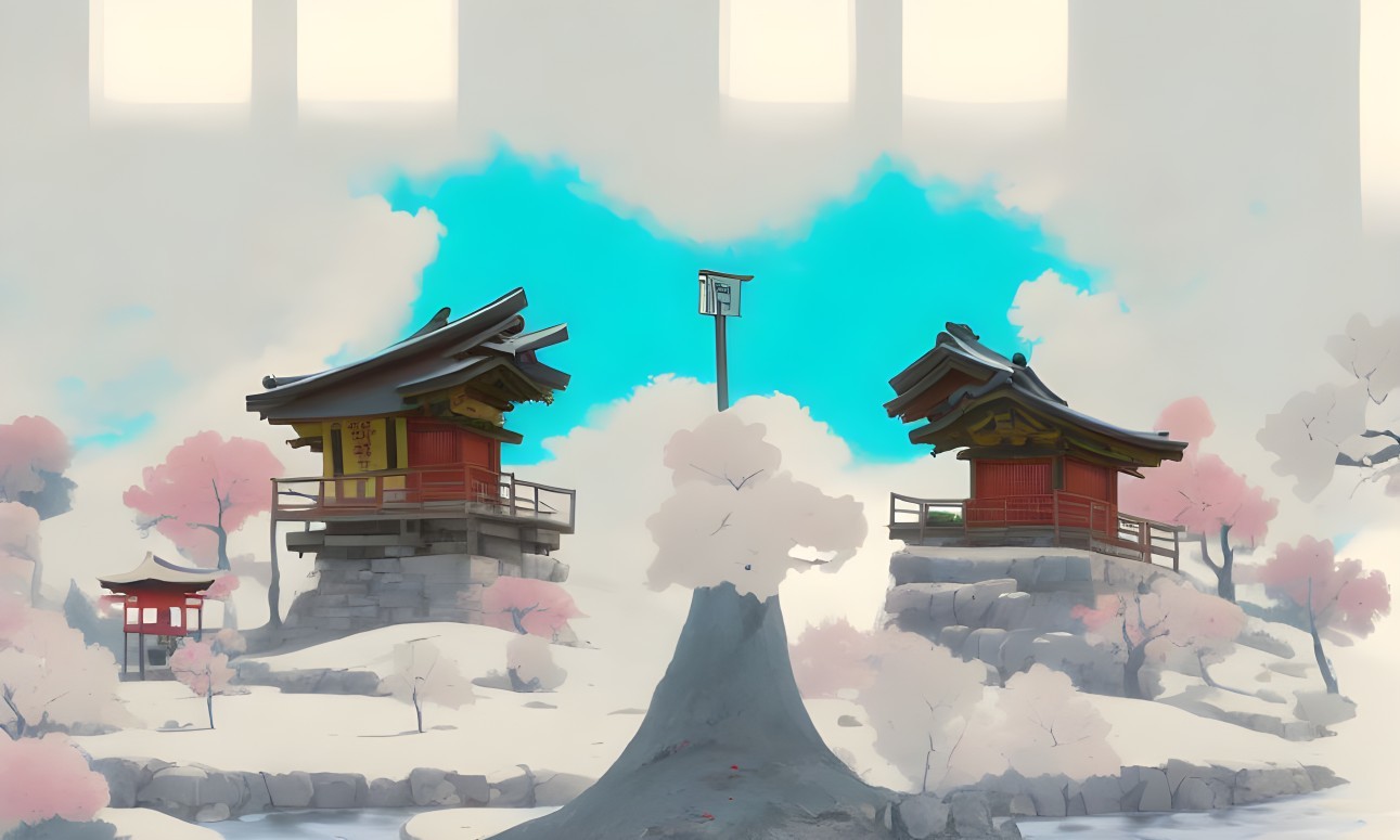 Traditional East Asian-style pavilions on rocky outcrops in snowy landscape with cherry blossoms.