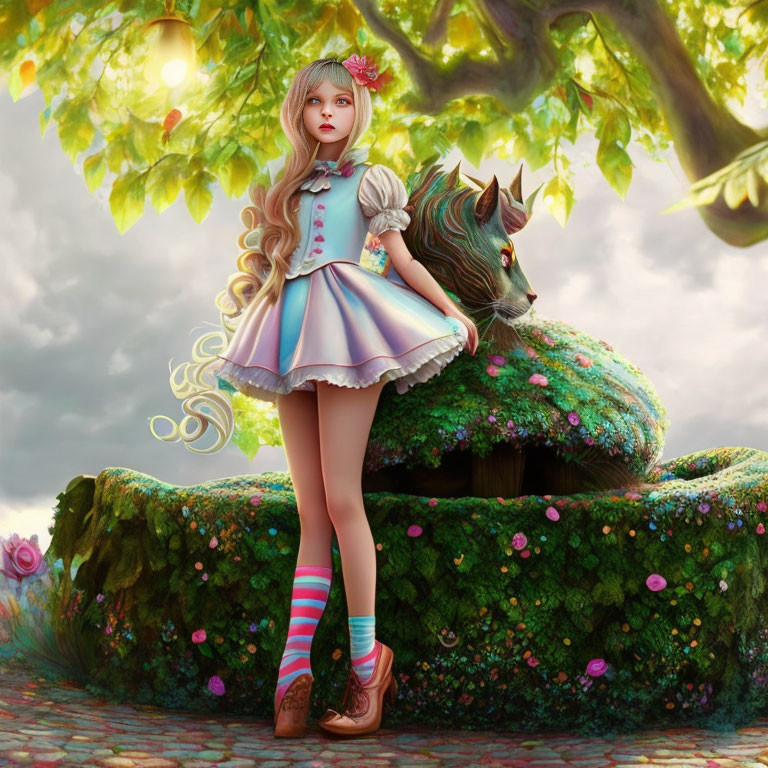 Blond-haired girl in pastel dress beside mossy hill with horse head