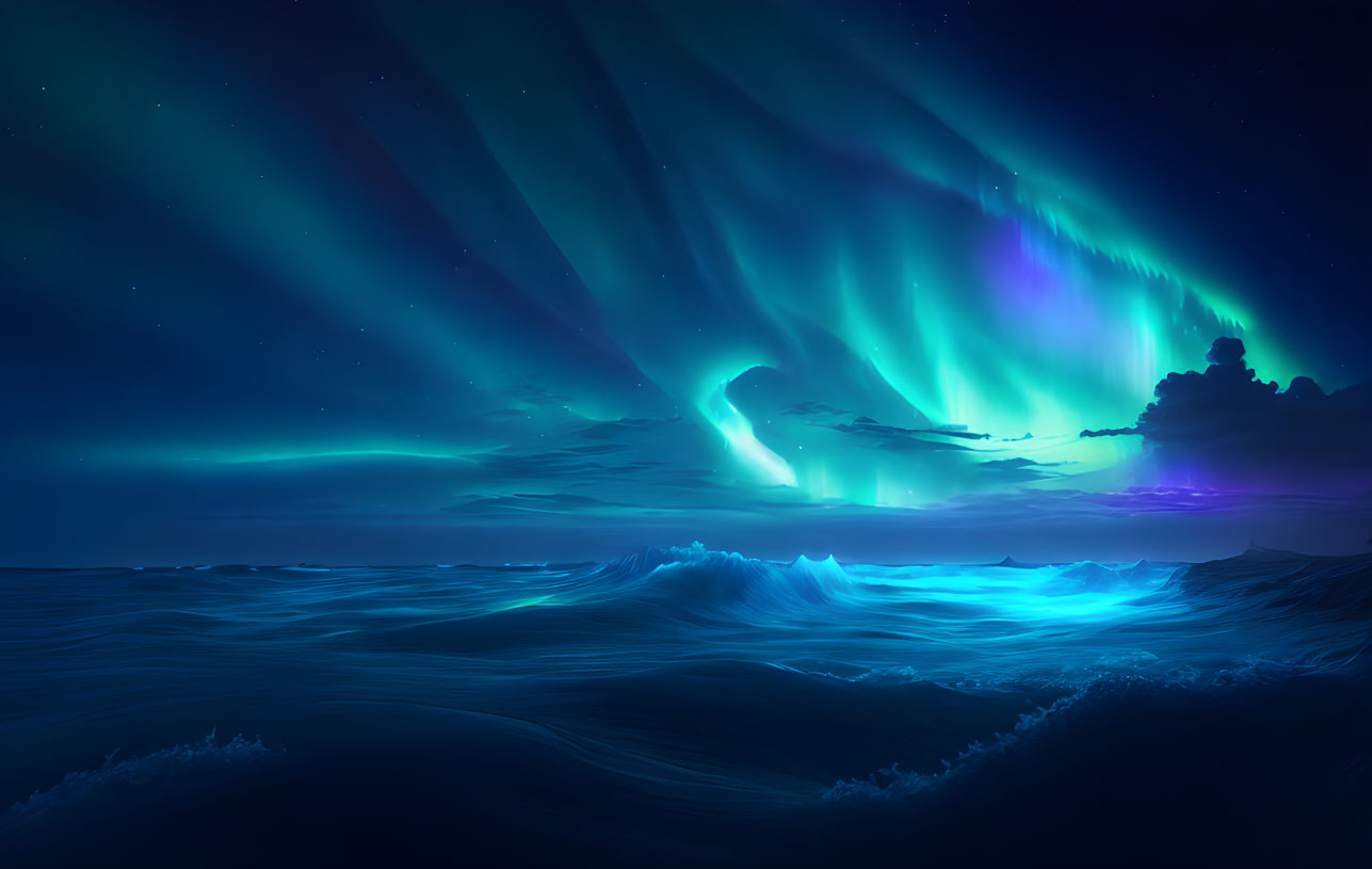 Night Seascape with Vibrant Auroras and Starry Sky Reflecting on Ocean Waves