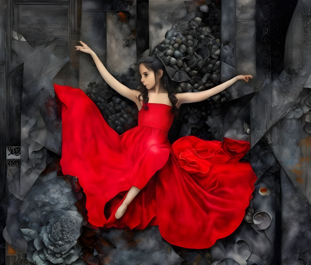 Woman in Red Dress in Surreal Dark Room with Stones and Floral Textures