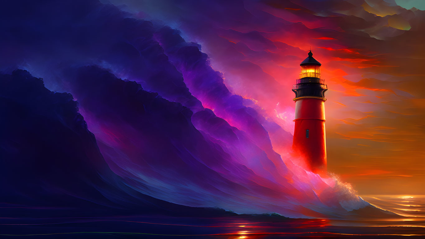 Lighthouse painting with purple and blue waves at sunset