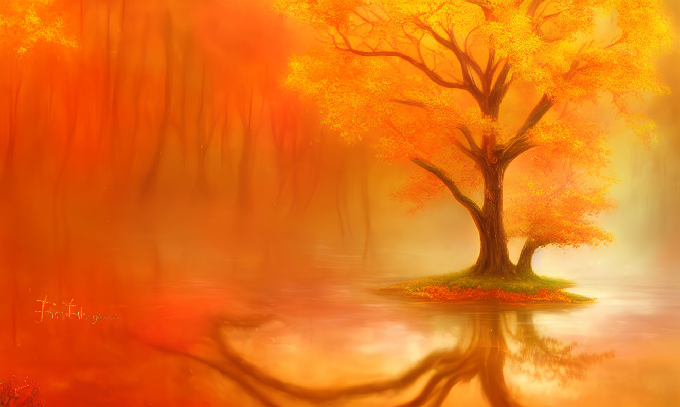 Vibrant autumn tree with golden leaves by serene lake