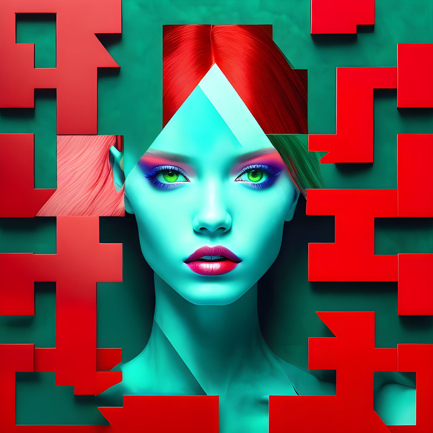 Symmetrical woman's face with red puzzle pieces on teal background