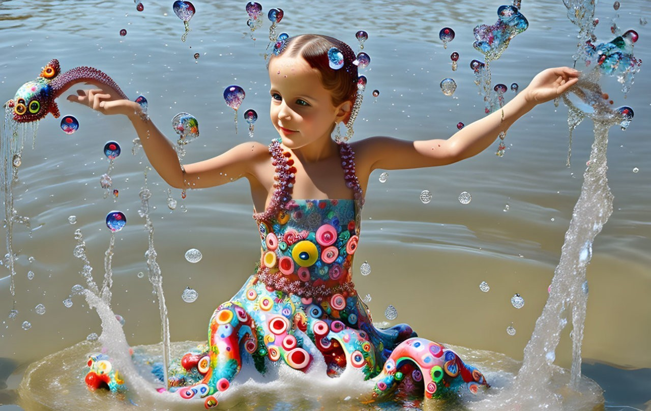 Young girl in colorful outfit plays in water with whimsical bubbles and tiny creatures.