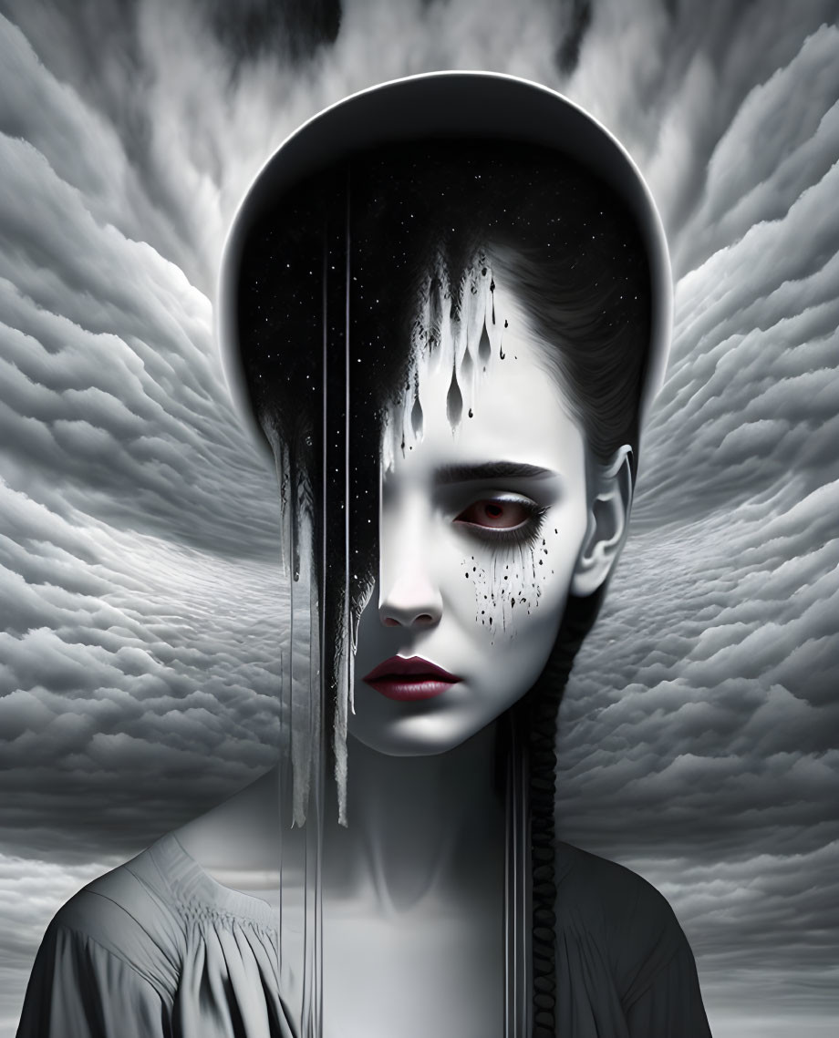 Surreal portrait of woman with night sky head and dark makeup