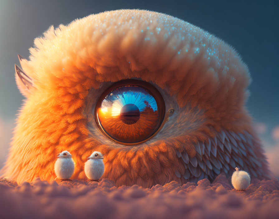 Giant orange creature with reflective eye and birds on soft blue backdrop