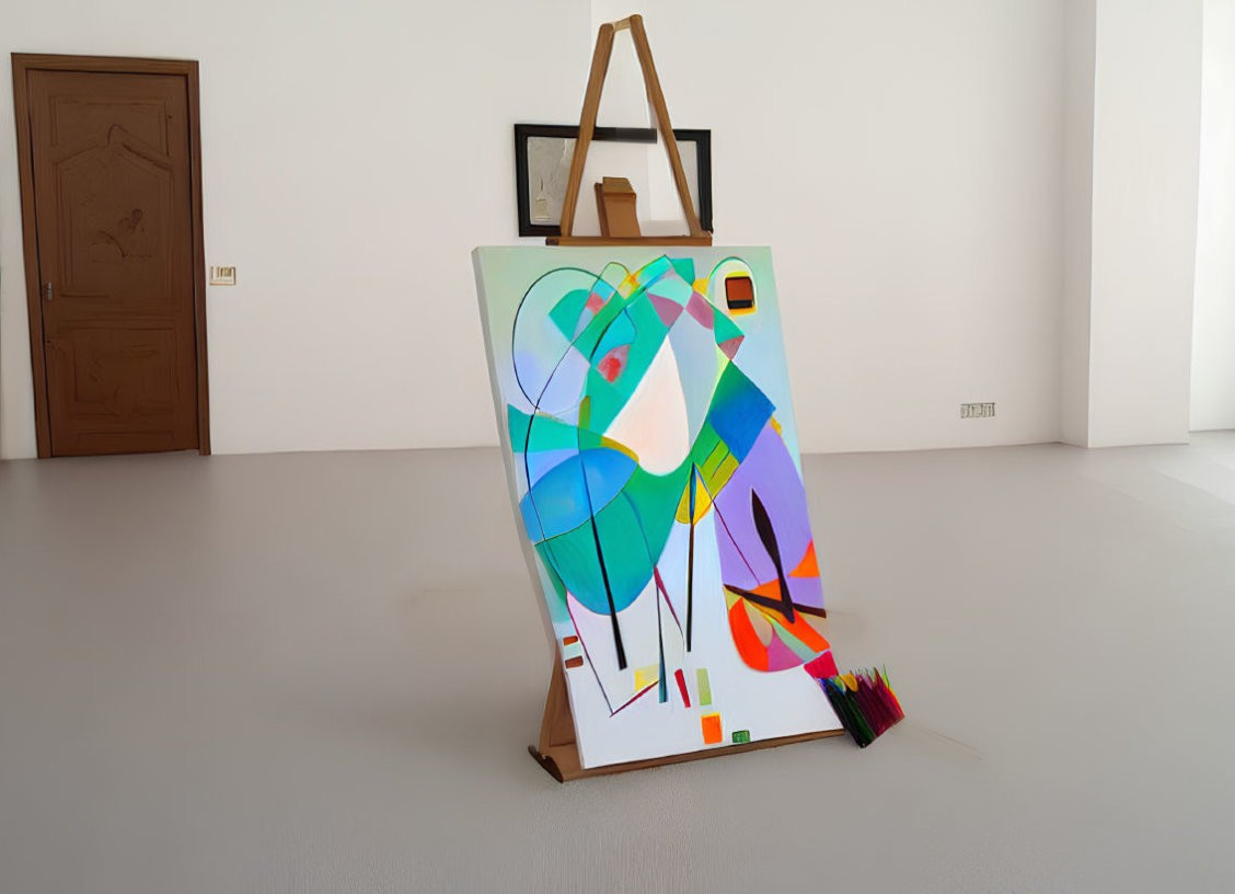 Vibrant abstract painting on easel in gallery setting