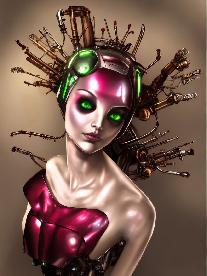 Futuristic female figure with metallic body and mechanical headdress