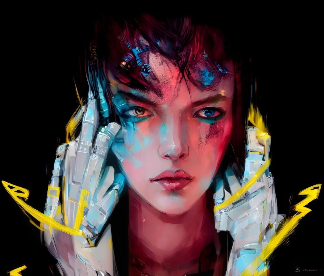 Person with Blue Eyes and Robotic Hands in Vivid Illustration