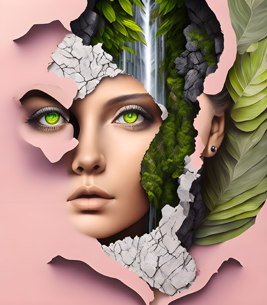 Surreal artwork: Woman's face with cracked surface and lush greenery waterfall